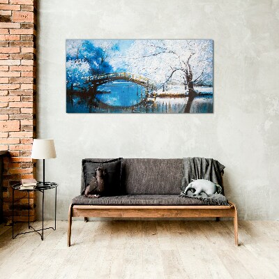 Winter bridge in a blue landscape Glass Wall Art