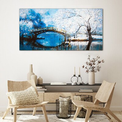 Winter bridge in a blue landscape Glass Wall Art