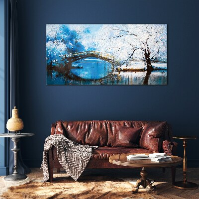 Winter bridge in a blue landscape Glass Wall Art