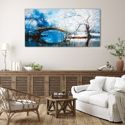 Winter bridge in a blue landscape Glass Wall Art