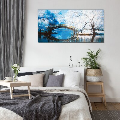 Winter bridge in a blue landscape Glass Wall Art