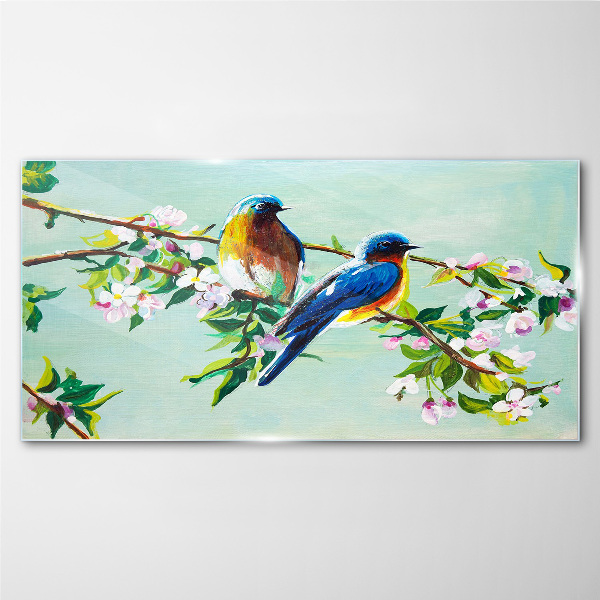 Birds on a flowering branch Glass Wall Art