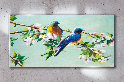 Birds on a flowering branch Glass Wall Art