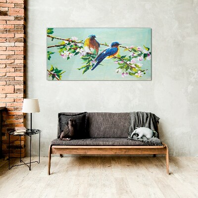 Leaves flowers branches birds Glass Wall Art
