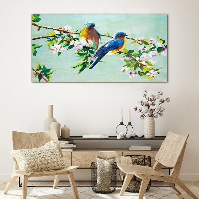 Birds on a flowering branch Glass Wall Art