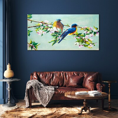 Birds on a flowering branch Glass Wall Art