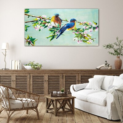 Leaves flowers branches birds Glass Wall Art