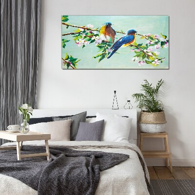 Birds on a flowering branch Glass Wall Art