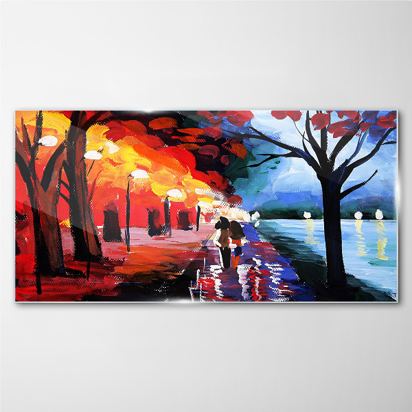 A romantic walk in a colorful park Glass Wall Art