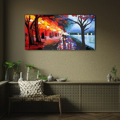A romantic walk in a colorful park Glass Wall Art