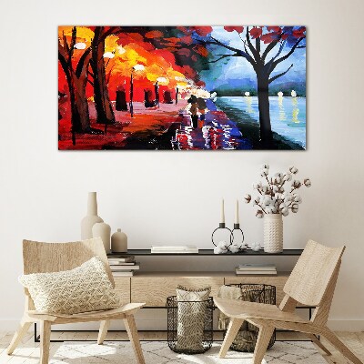 A romantic walk in a colorful park Glass Wall Art