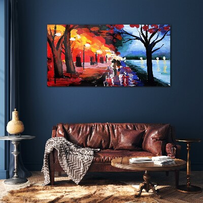 A romantic walk in a colorful park Glass Wall Art