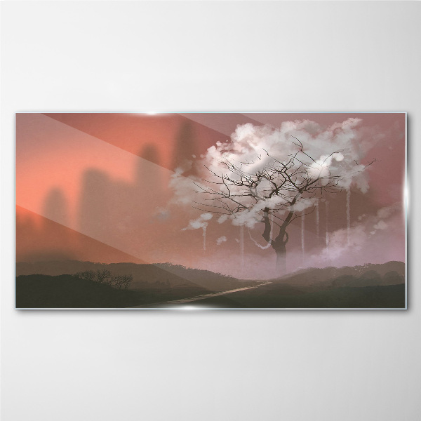 Misty landscape with a tree Glass Wall Art
