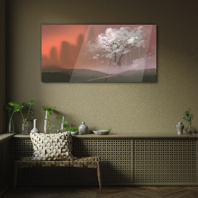 Misty landscape with a tree Glass Wall Art