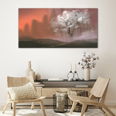 Misty landscape with a tree Glass Wall Art