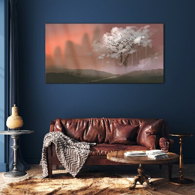 Misty landscape with a tree Glass Wall Art