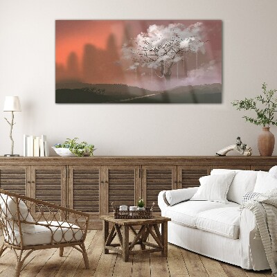 Misty landscape with a tree Glass Wall Art