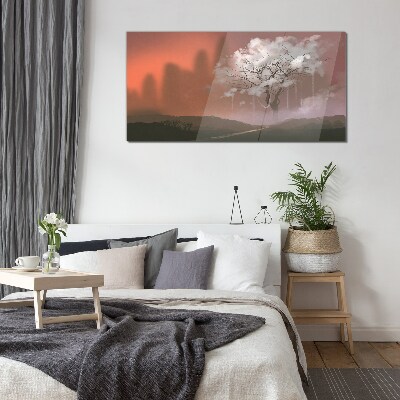 Misty landscape with a tree Glass Wall Art