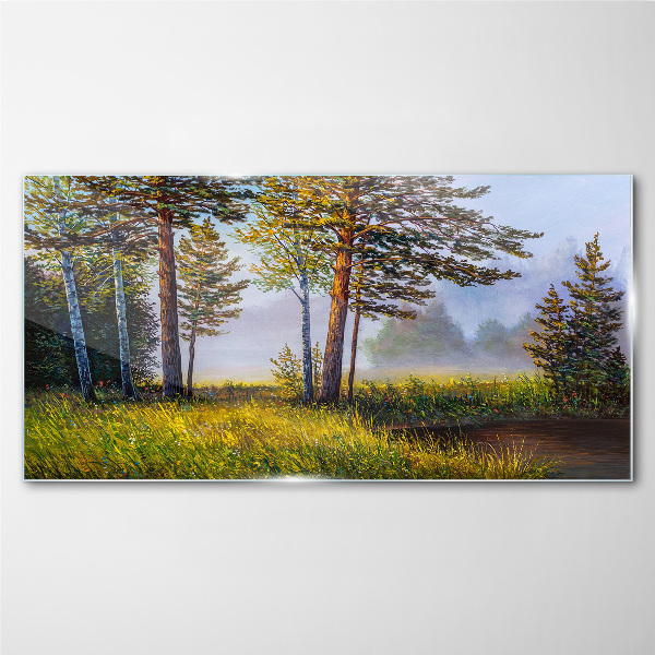 Morning fog in the forest Glass Wall Art