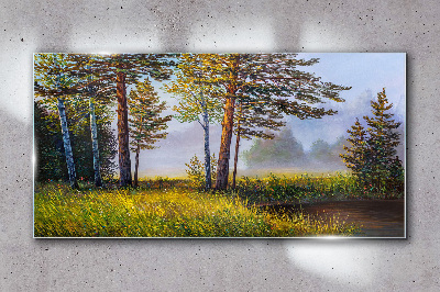 Morning fog in the forest Glass Wall Art