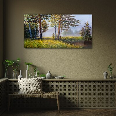 Morning fog in the forest Glass Wall Art