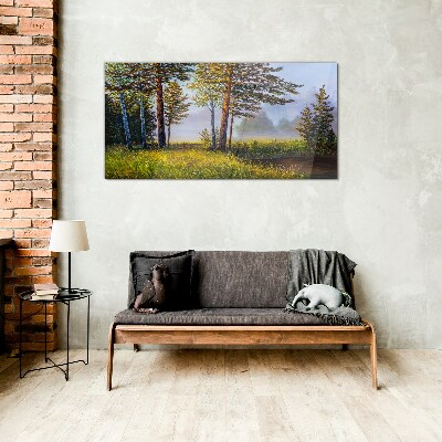 Morning fog in the forest Glass Wall Art