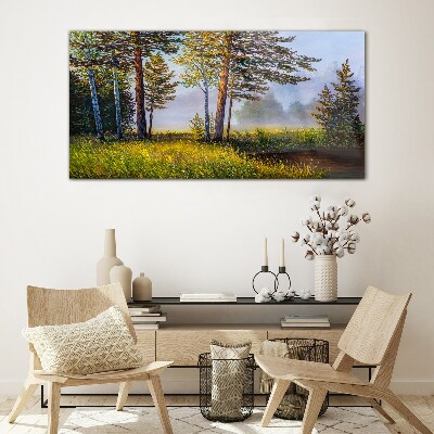 Morning fog in the forest Glass Wall Art
