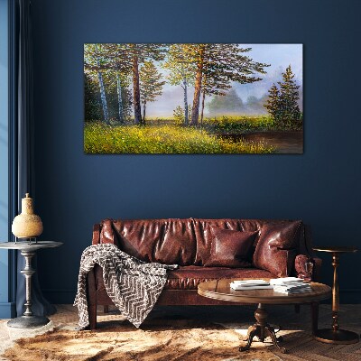Morning fog in the forest Glass Wall Art