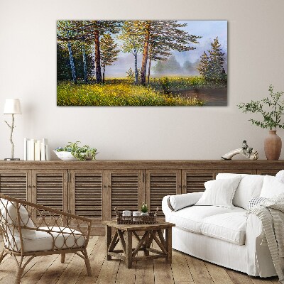 Morning fog in the forest Glass Wall Art