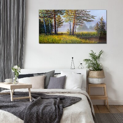 Morning fog in the forest Glass Wall Art