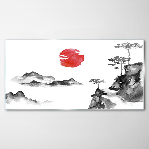Japanese landscape with red ball Glass Wall Art