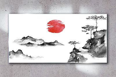 Japanese landscape with red ball Glass Wall Art