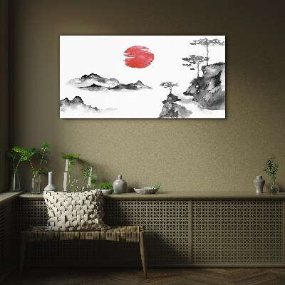 Japanese landscape with red ball Glass Wall Art