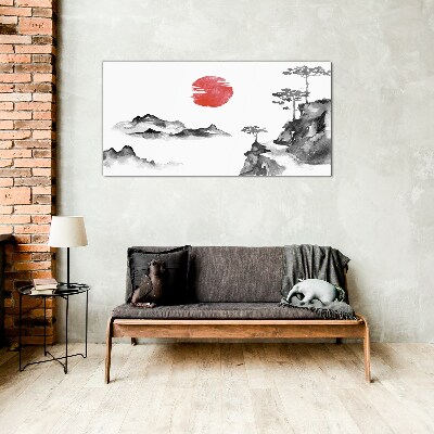 Japanese landscape with red ball Glass Wall Art