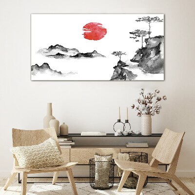 Japanese landscape with red ball Glass Wall Art