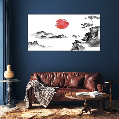 Japanese landscape with red ball Glass Wall Art