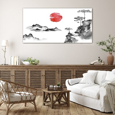 Japanese landscape with red ball Glass Wall Art