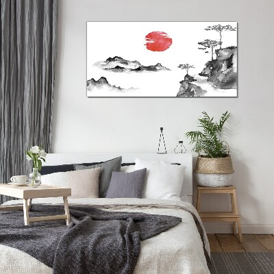 Japanese landscape with red ball Glass Wall Art