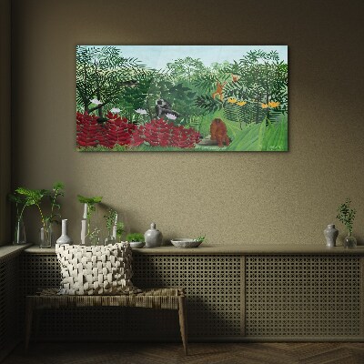Tropical landscape with monkeys Glass Wall Art
