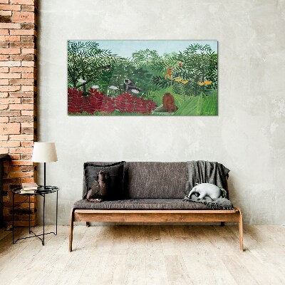 Tropical landscape with monkeys Glass Wall Art