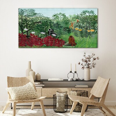 Tropical landscape with monkeys Glass Wall Art