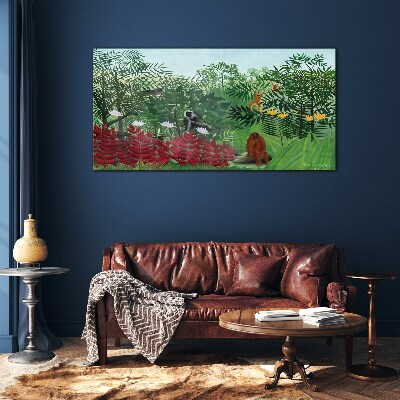 Tropical landscape with monkeys Glass Wall Art