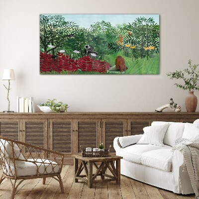Tropical landscape with monkeys Glass Wall Art