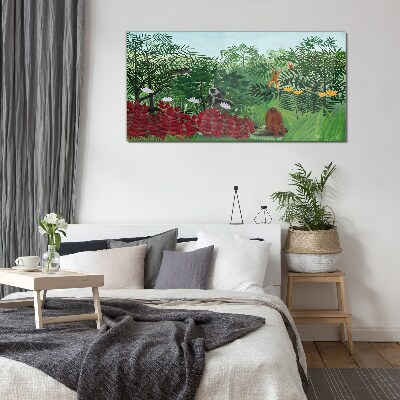 Tropical landscape with monkeys Glass Wall Art