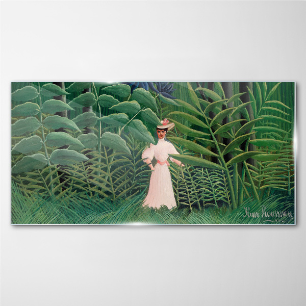 Woman in the green forest Glass Wall Art