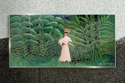 Woman in the green forest Glass Wall Art