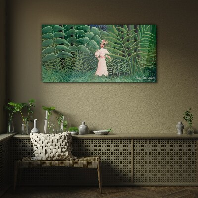 Woman in the green forest Glass Wall Art