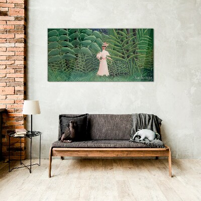 Woman in the green forest Glass Wall Art