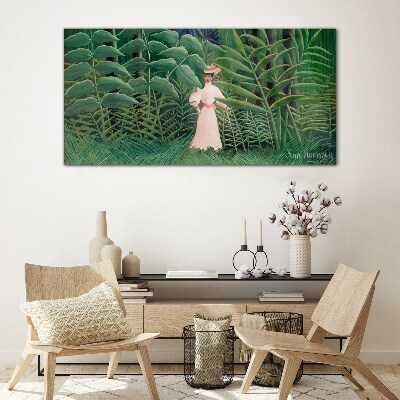Woman in the green forest Glass Wall Art