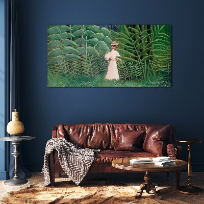 Woman in the green forest Glass Wall Art